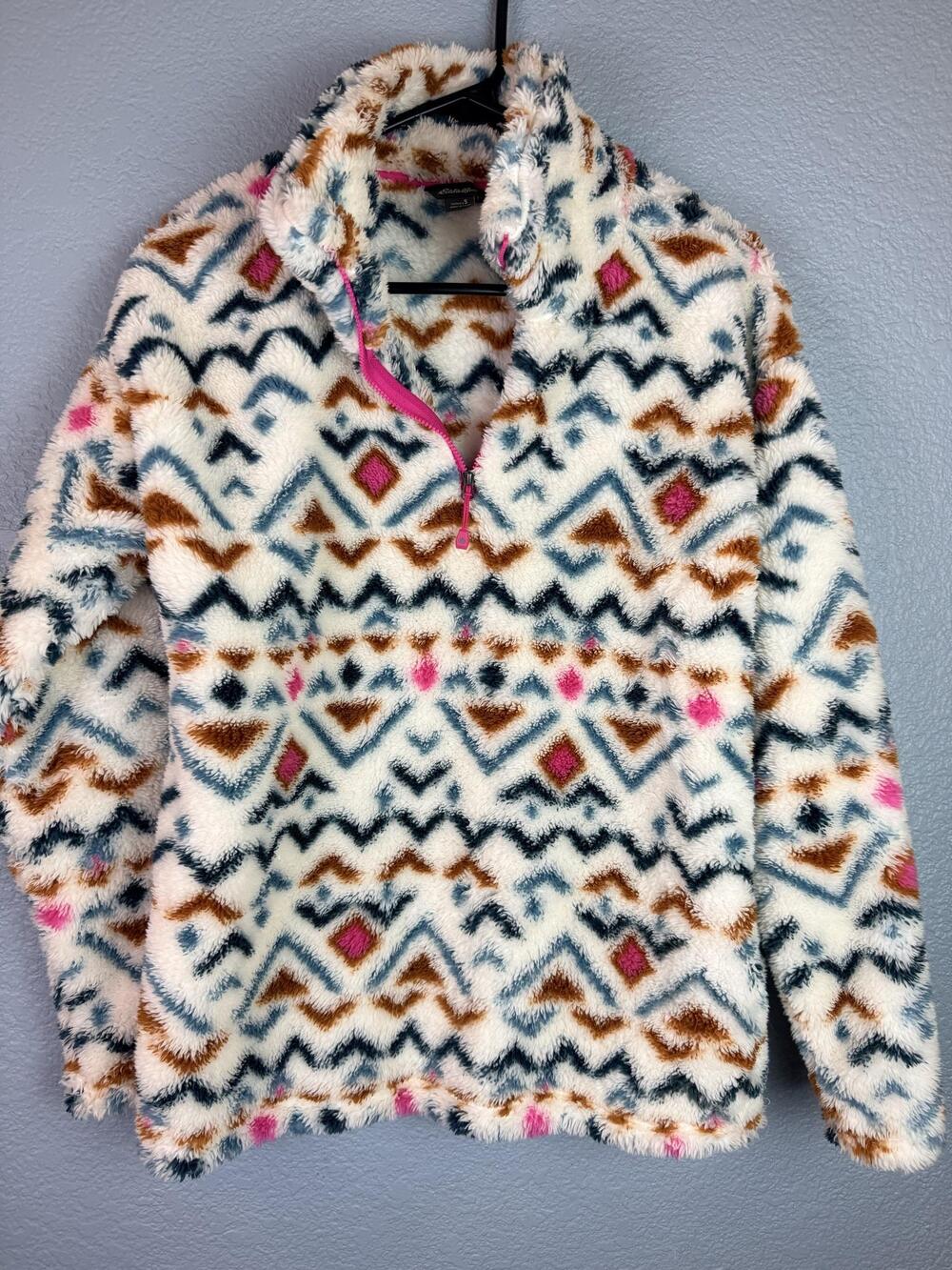 Eddie Bauer Sweater Womens Small Multicolor Fleece 1/4 Zip Aztec Pullover